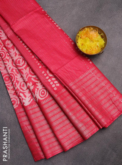 Semi tussar saree pink with allover batik prints and long zari woven border