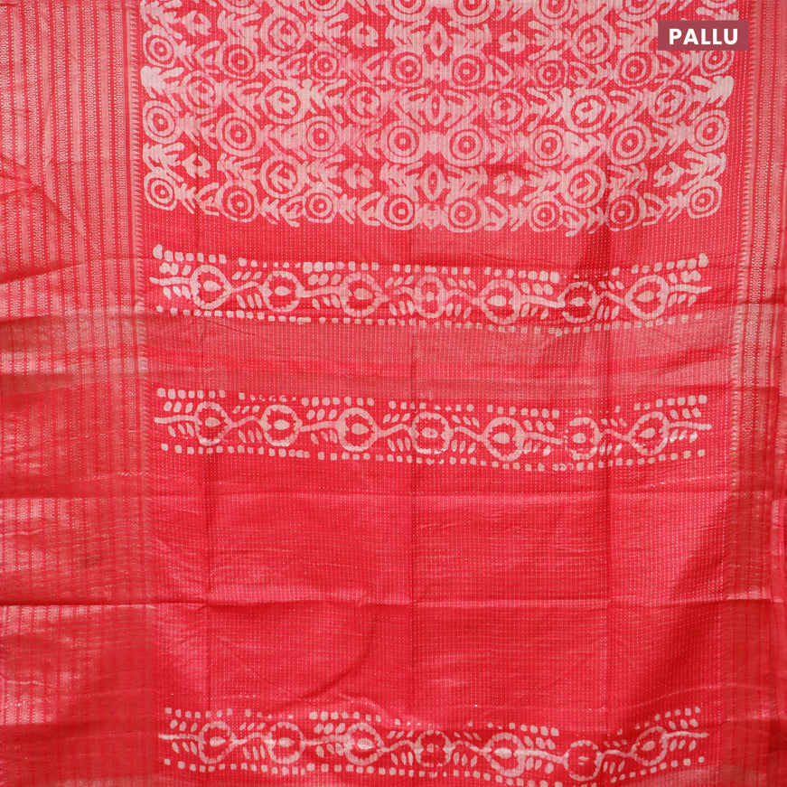 Semi tussar saree pink with allover batik prints and long zari woven border