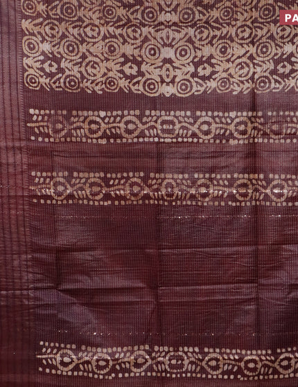 Semi tussar saree dark brown with allover batik prints and long zari woven border