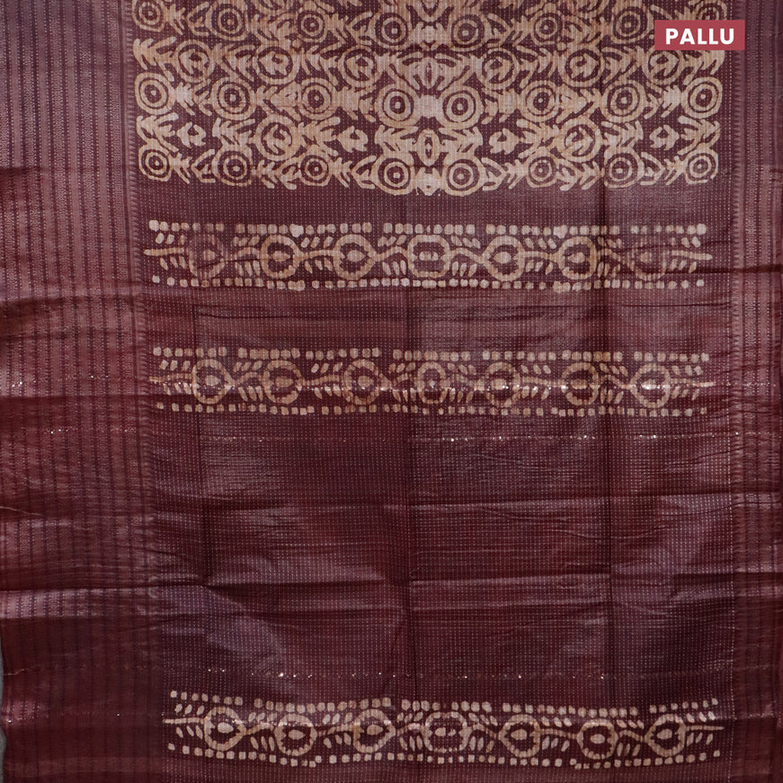 Semi tussar saree dark brown with allover batik prints and long zari woven border