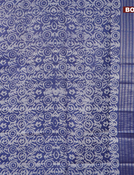 Semi tussar saree blue with allover batik prints and long silver zari woven border