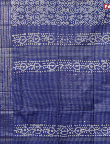 Semi tussar saree blue with allover batik prints and long silver zari woven border