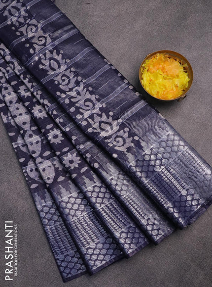 Semi tussar saree navy blue and off white with allover batik prints and long temple design silver zari woven border