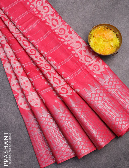 Semi tussar saree pink and off white with allover batik prints and long temple design silver zari woven border