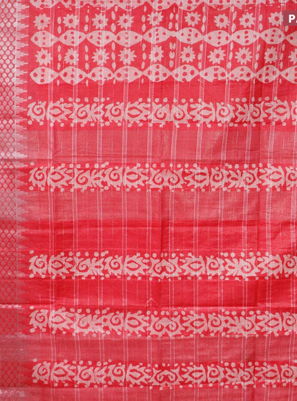 Semi tussar saree pink and off white with allover batik prints and long temple design silver zari woven border