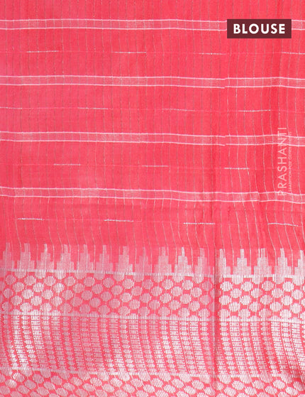 Semi tussar saree pink and off white with allover batik prints and long temple design silver zari woven border