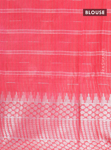 Semi tussar saree pink and off white with allover batik prints and long temple design silver zari woven border