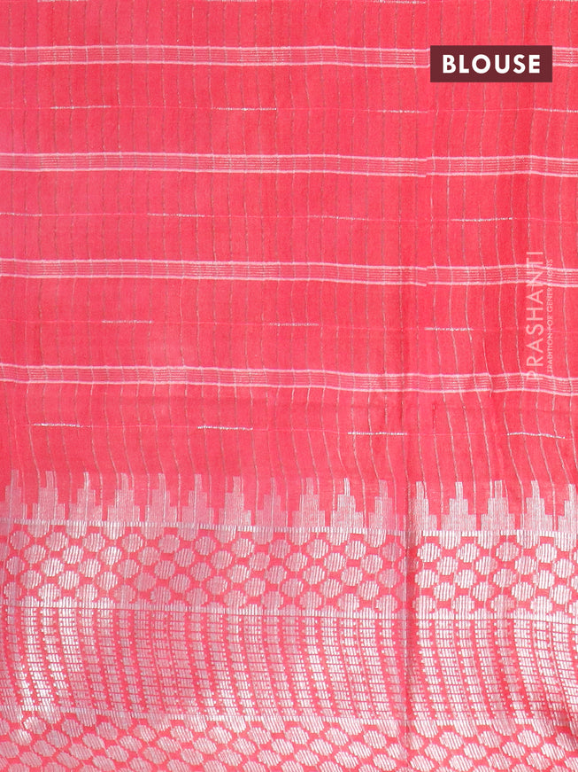 Semi tussar saree pink and off white with allover batik prints and long temple design silver zari woven border