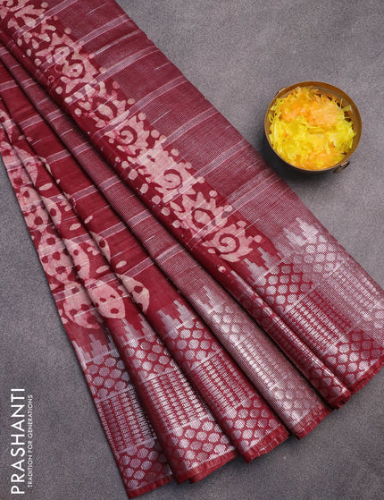 Semi tussar saree dark maroon and beige with allover batik prints and long temple design silver zari woven border