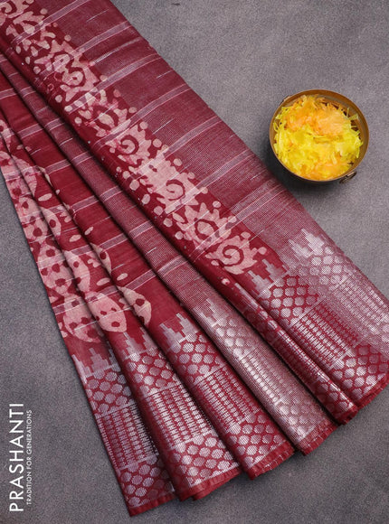 Semi tussar saree dark maroon and beige with allover batik prints and long temple design silver zari woven border