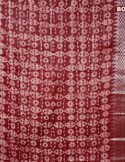 Semi tussar saree dark maroon and beige with allover batik prints and long temple design silver zari woven border