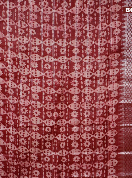 Semi tussar saree dark maroon and beige with allover batik prints and long temple design silver zari woven border