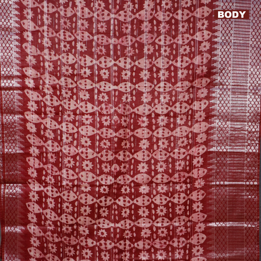 Semi tussar saree dark maroon and beige with allover batik prints and long temple design silver zari woven border