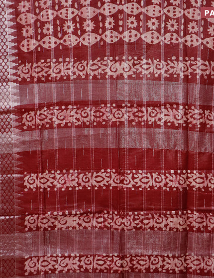 Semi tussar saree dark maroon and beige with allover batik prints and long temple design silver zari woven border