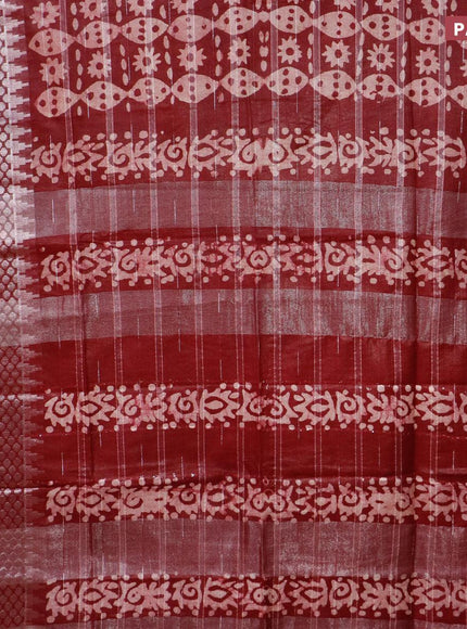 Semi tussar saree dark maroon and beige with allover batik prints and long temple design silver zari woven border