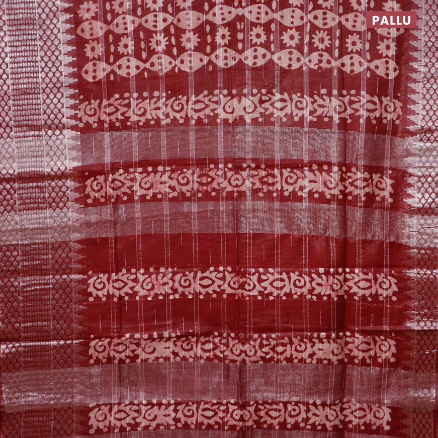 Semi tussar saree dark maroon and beige with allover batik prints and long temple design silver zari woven border