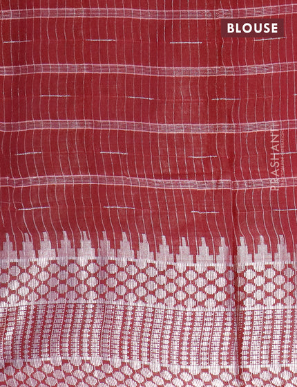 Semi tussar saree dark maroon and beige with allover batik prints and long temple design silver zari woven border