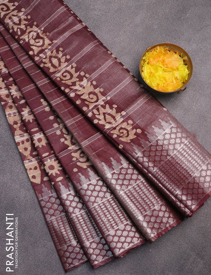 Semi tussar saree coffee brown and beige with allover batik prints and long temple design silver zari woven border