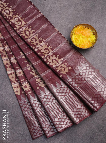 Semi tussar saree coffee brown and beige with allover batik prints and long temple design silver zari woven border