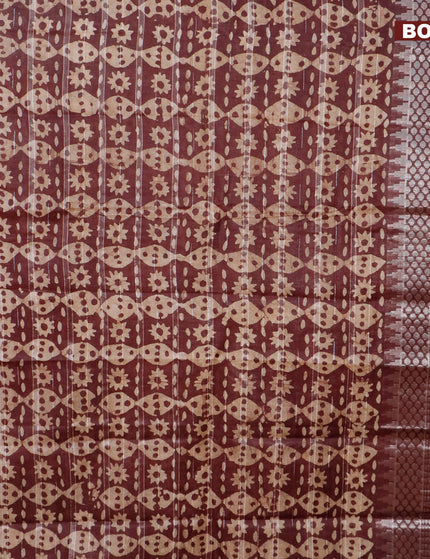 Semi tussar saree coffee brown and beige with allover batik prints and long temple design silver zari woven border