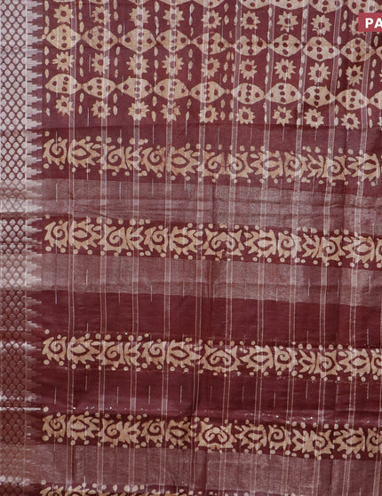 Semi tussar saree coffee brown and beige with allover batik prints and long temple design silver zari woven border