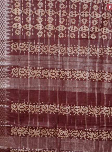 Semi tussar saree coffee brown and beige with allover batik prints and long temple design silver zari woven border