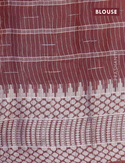 Semi tussar saree coffee brown and beige with allover batik prints and long temple design silver zari woven border