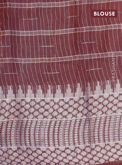 Semi tussar saree coffee brown and beige with allover batik prints and long temple design silver zari woven border