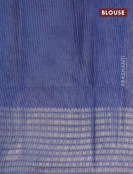 Semi tussar saree blue and off white with allover batik prints and long zari woven border