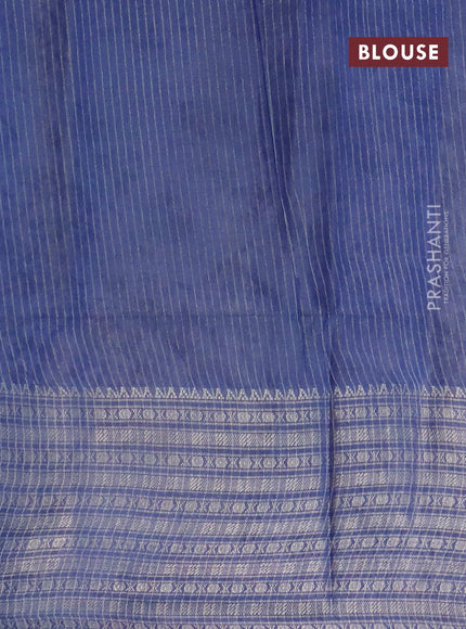 Semi tussar saree blue and off white with allover batik prints and long zari woven border