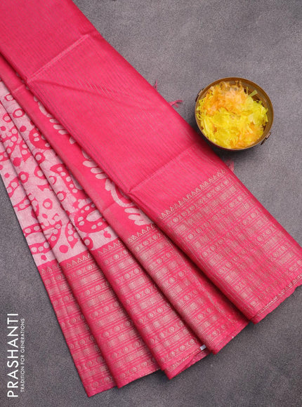 Semi tussar saree pink and off white with allover batik prints and long zari woven border