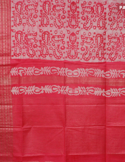 Semi tussar saree pink and off white with allover batik prints and long zari woven border