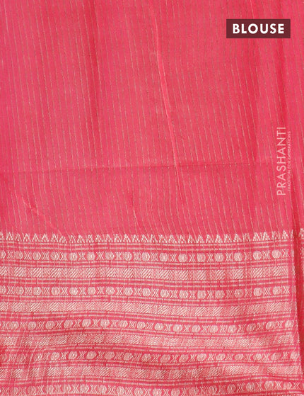 Semi tussar saree pink and off white with allover batik prints and long zari woven border