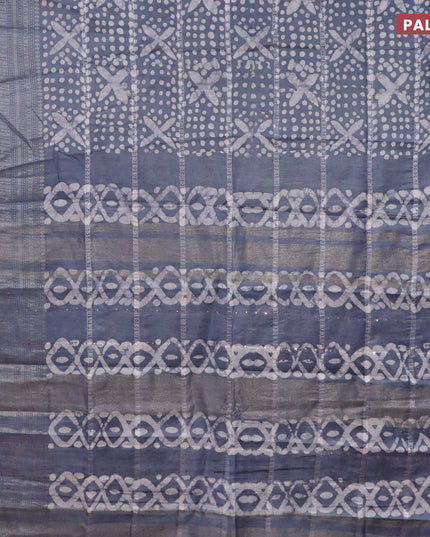 Semi tussar saree grey with allover batik prints and long zari woven border