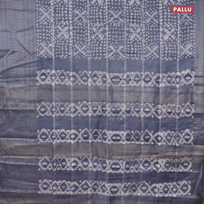 Semi tussar saree grey with allover batik prints and long zari woven border