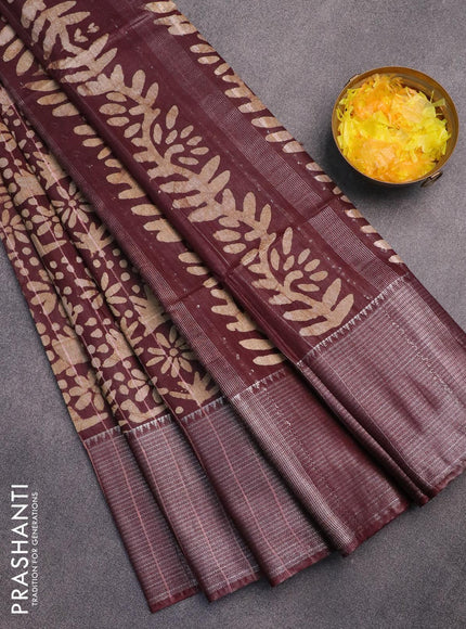 Semi tussar saree coffee brown with allover batik prints & thread stripe weaves and long silver zari woven border