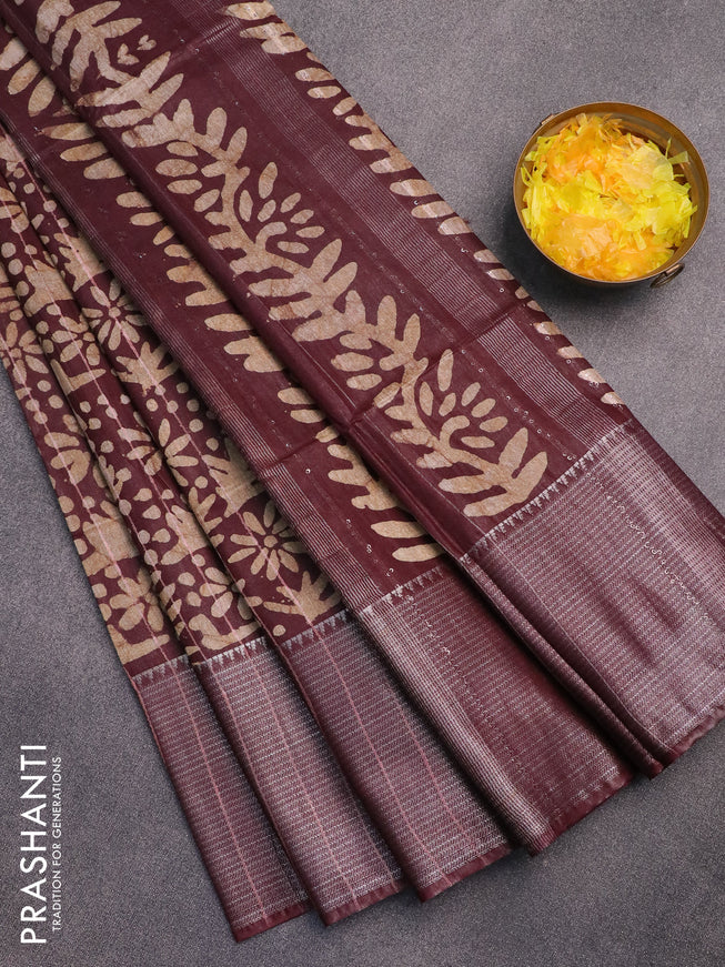 Semi tussar saree coffee brown with allover batik prints & thread stripe weaves and long silver zari woven border