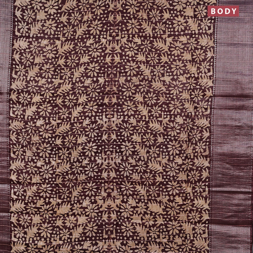 Semi tussar saree coffee brown with allover batik prints & thread stripe weaves and long silver zari woven border