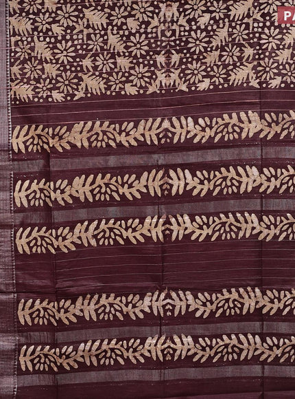 Semi tussar saree coffee brown with allover batik prints & thread stripe weaves and long silver zari woven border