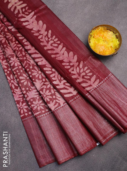 Semi tussar saree maroon with allover batik prints & thread stripe weaves and long silver zari woven border