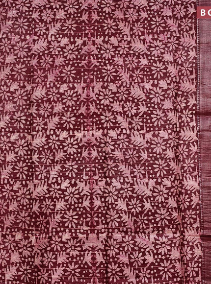 Semi tussar saree maroon with allover batik prints & thread stripe weaves and long silver zari woven border