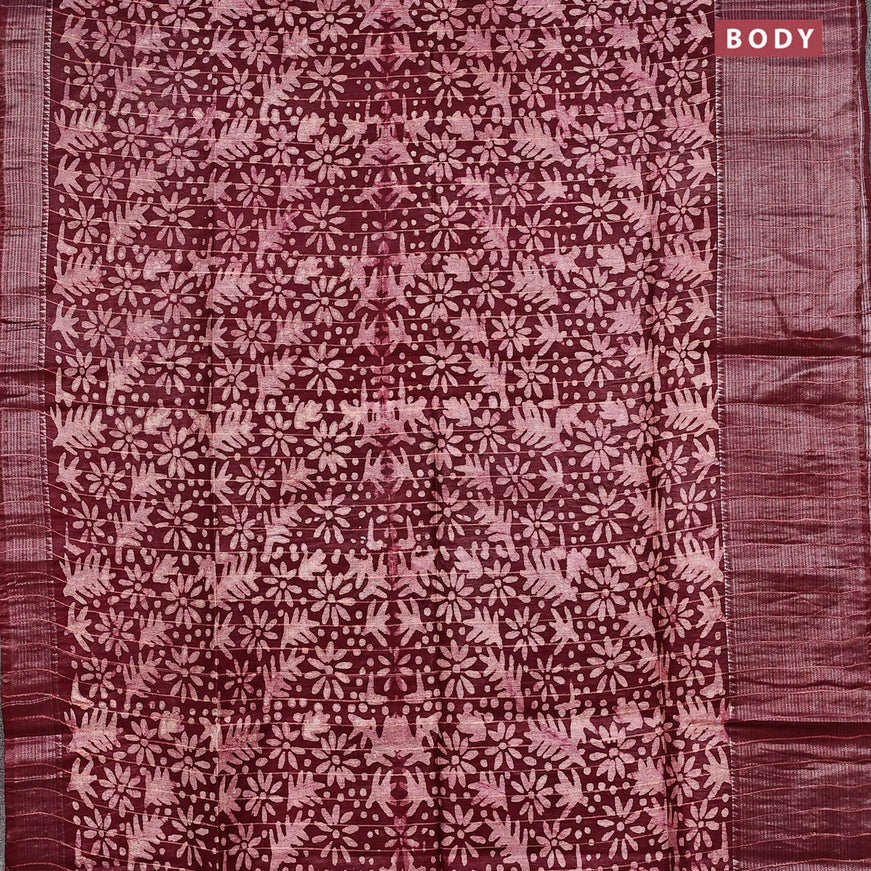 Semi tussar saree maroon with allover batik prints & thread stripe weaves and long silver zari woven border