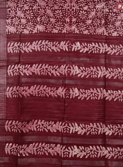 Semi tussar saree maroon with allover batik prints & thread stripe weaves and long silver zari woven border