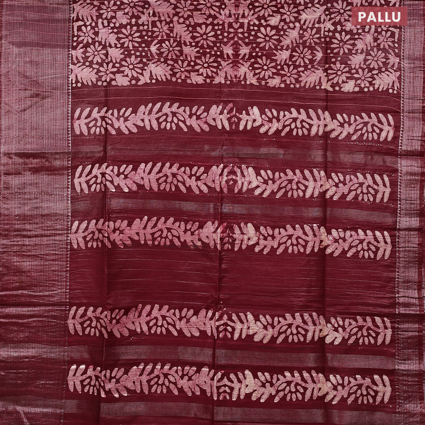 Semi tussar saree maroon with allover batik prints & thread stripe weaves and long silver zari woven border