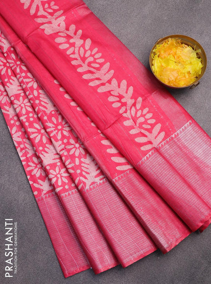 Semi tussar saree pink with allover batik prints & thread stripe weaves and long silver zari woven border