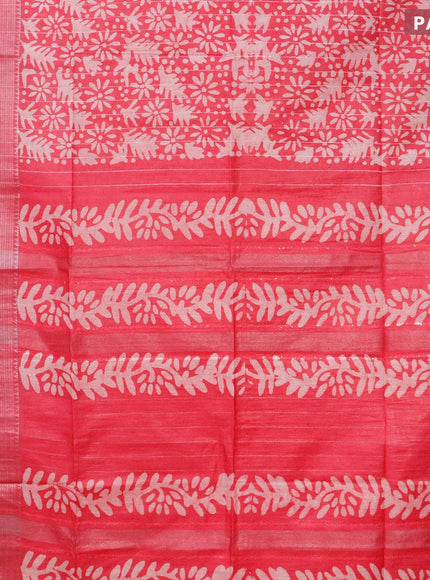 Semi tussar saree pink with allover batik prints & thread stripe weaves and long silver zari woven border