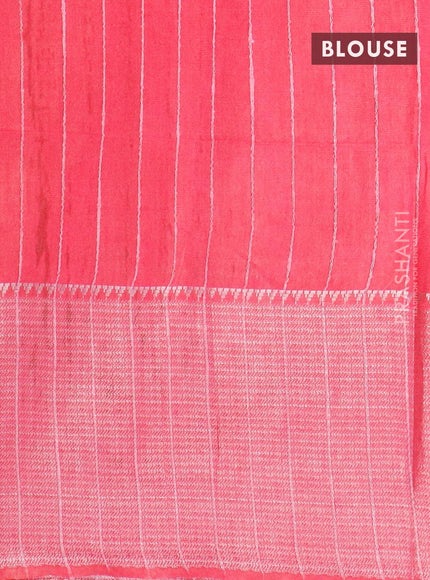 Semi tussar saree pink with allover batik prints & thread stripe weaves and long silver zari woven border