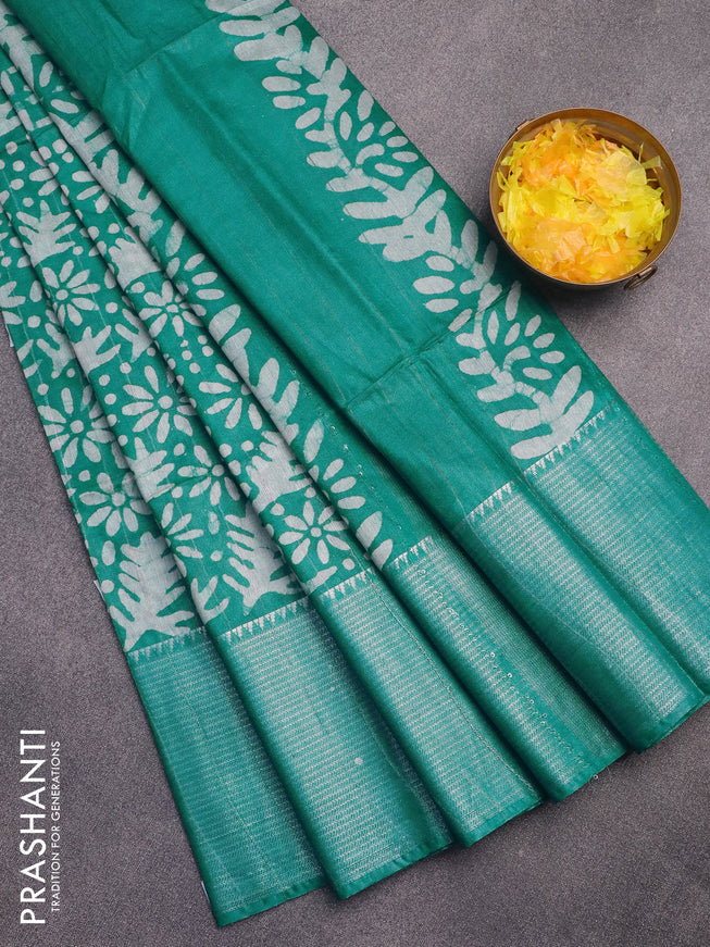 Semi tussar saree teal green with allover batik prints & thread stripe weaves and long silver zari woven border