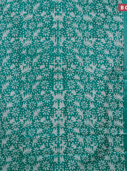 Semi tussar saree teal green with allover batik prints & thread stripe weaves and long silver zari woven border