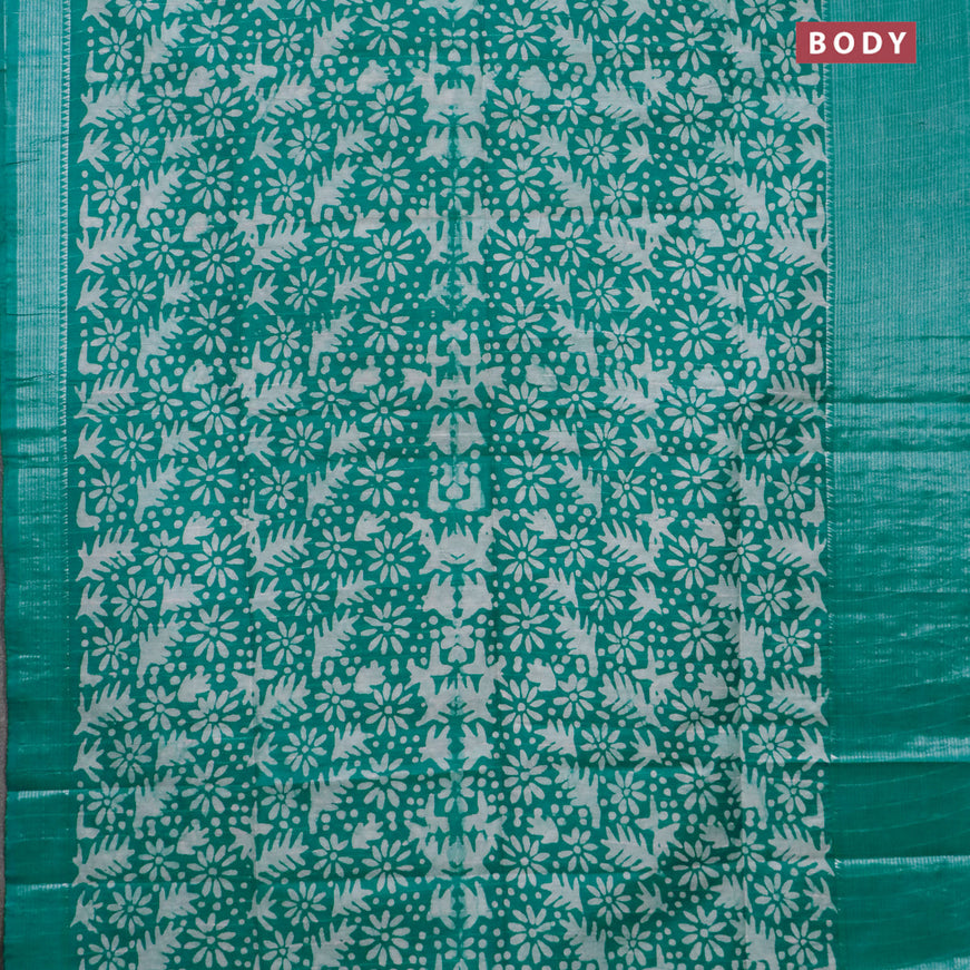 Semi tussar saree teal green with allover batik prints & thread stripe weaves and long silver zari woven border